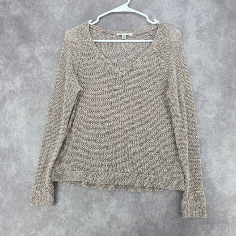 American Eagle Outfitters Marled V-Neck Sweater Tan Small Raglan Sleeve